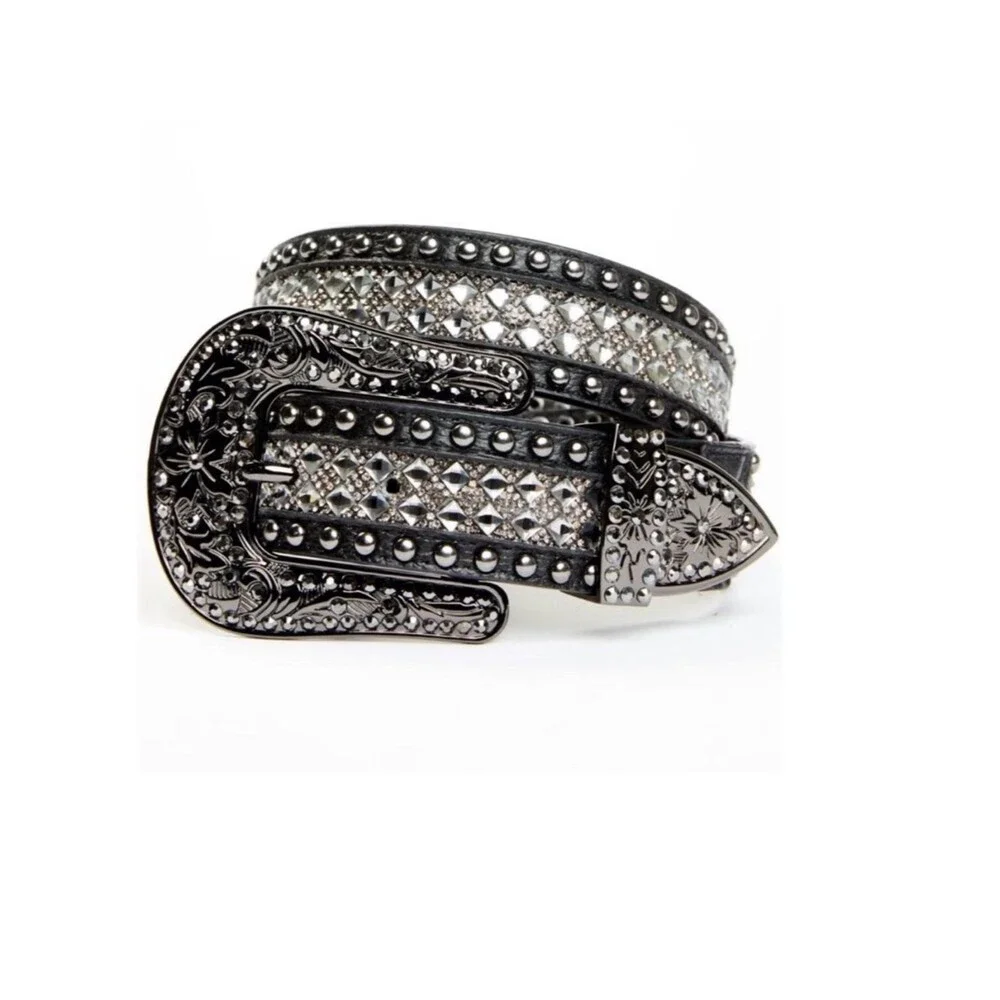 WONDERWEST Rhinestone Black Belt Leather Large Buckle Womens Size Medium